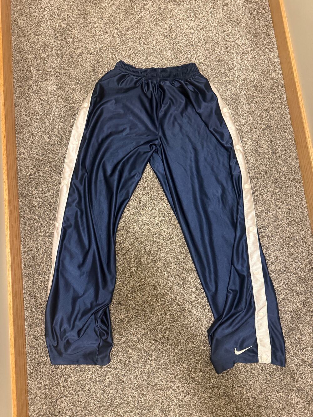 Nike Navy Blue Tearaway Snap-Side Track Pants Large Cream Stripe